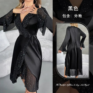 Ladies New Fashion V-neck Long-sleeved Sequined Pajamas Female Satin Nightgown Home Clothes Pijamas Women
