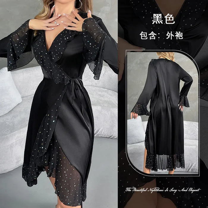 Ladies New Fashion V-neck Long-sleeved Sequined Pajamas Female Satin Nightgown Home Clothes Pijamas Women