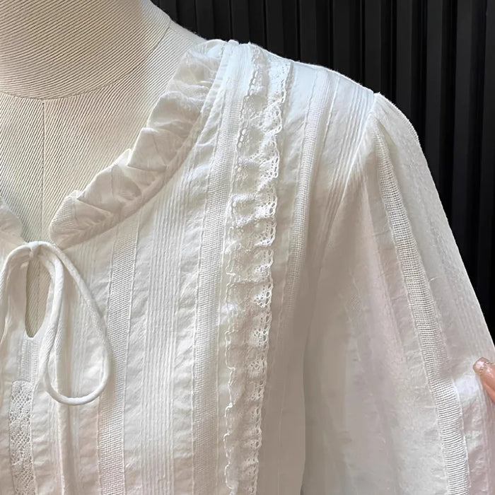 Women's Clothing French Lace Collar Lace-up Shirt for Women Gentle Style Long-sleeved Top Blouses
