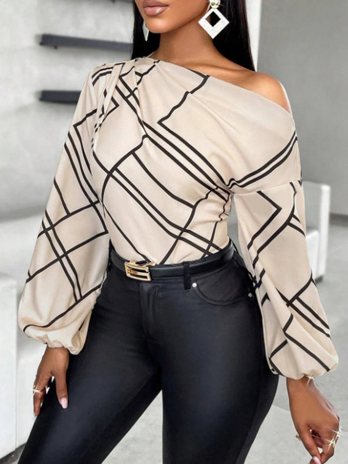 Ladies' Spring/Summer Daily Commuting Elegant Casual Shirt with Striped Print, Pleated and Asymmetric Neckline