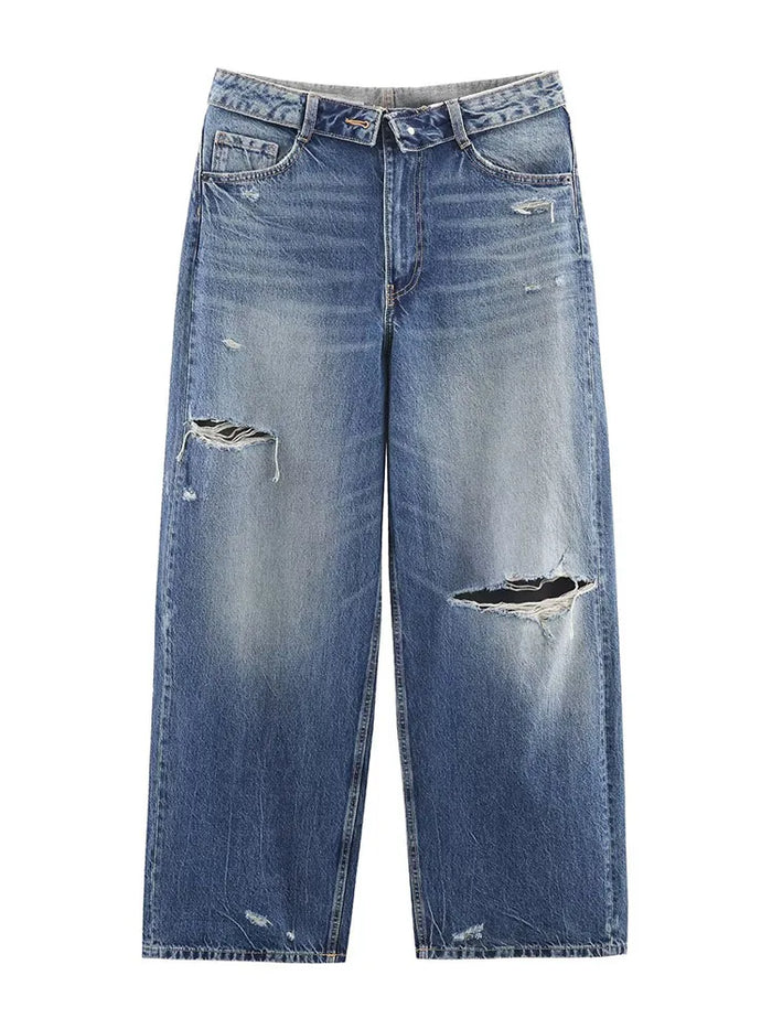 HH Women's 2025 New Fashion Retro Versatile Mid-Waist Turn-Down Jeans Female High Street Casual Ripped Decorative Wide Leg Pants