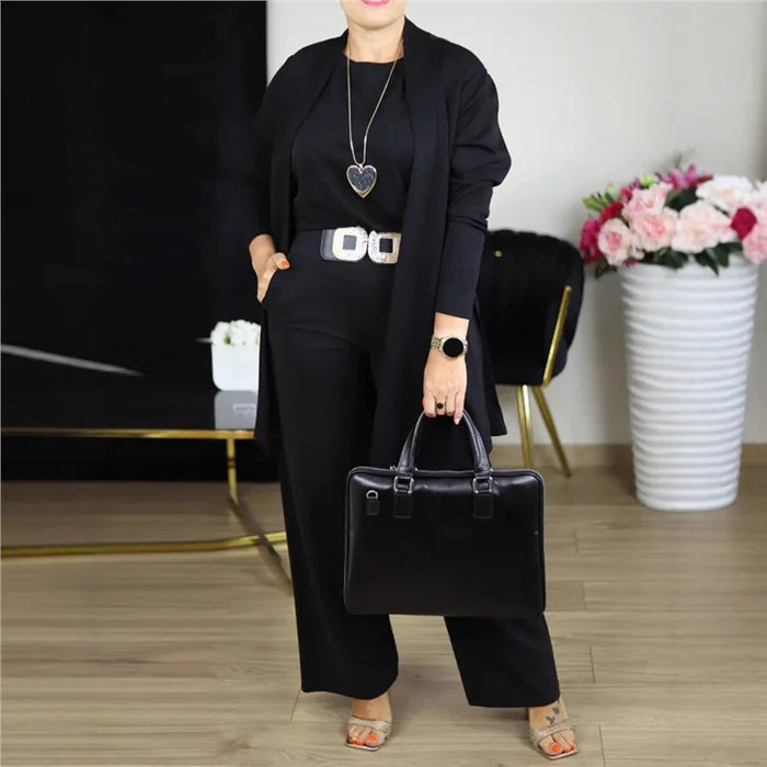 Elegant Ladies Clothing 3 Pieces Set Autumn White Long Cardigan Coat And Wide Leg Pants Sets T-shirt  Three-piece Outfit Women