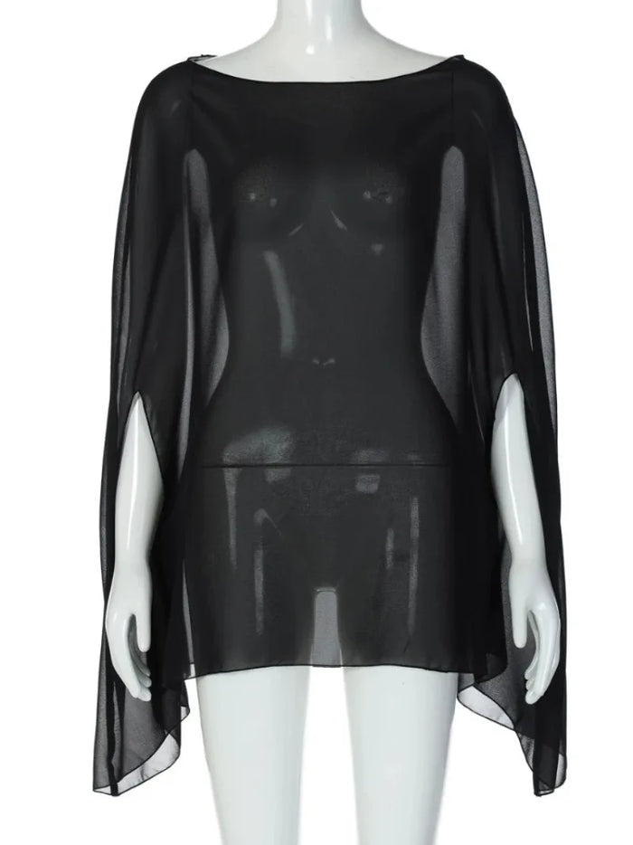 Woman Clothes See-through Chiffon Blouses Sexy Fashion Solid Cover-ups Ladies Elegant Night Club Tops White Black Streetwear