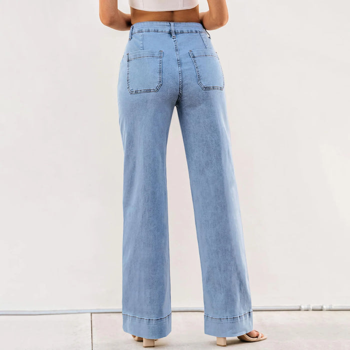 Women Popular High Waist Jeans Casual Simple Wide Leg Straight Denim Pants With Button Lady Daily Elegant Superior Trousers