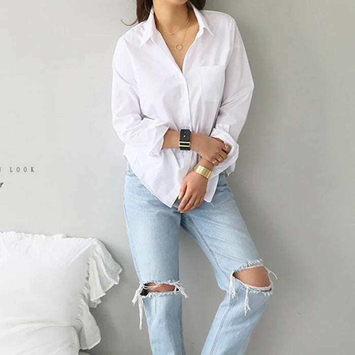 Women Shirts and Blouses 2025 Fashion Office Lady Elegant Long Sleeve Casual White Turn-down Collar OL Style Loose Top 3496
