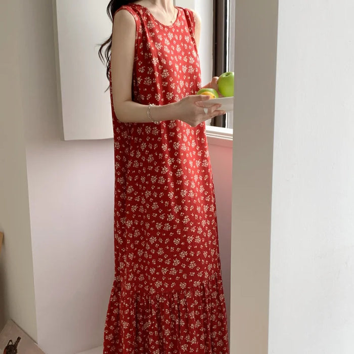 Ladies Summer Spwear Cotton Silk Thin Svel Casual Long Dr round Ne Single Button Print Home Comfortable Faion...