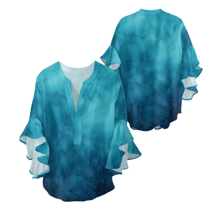 Women's Bohemian Style Blouse Light Blue White Gradient Color Print V-Neck Ruffled Bell Sleeve Chiffon Shirt for Summer Fashion