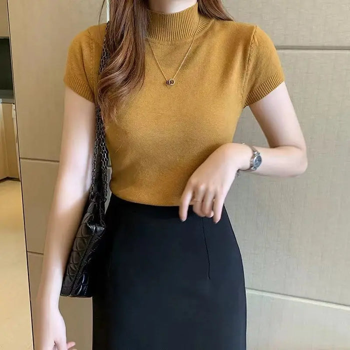 Womens Tops And Blouses Summer Short Sleeve Blouse Women Blusas Mujer De Moda 2023 Turtleneck Knitted Blouse Shirt Tops