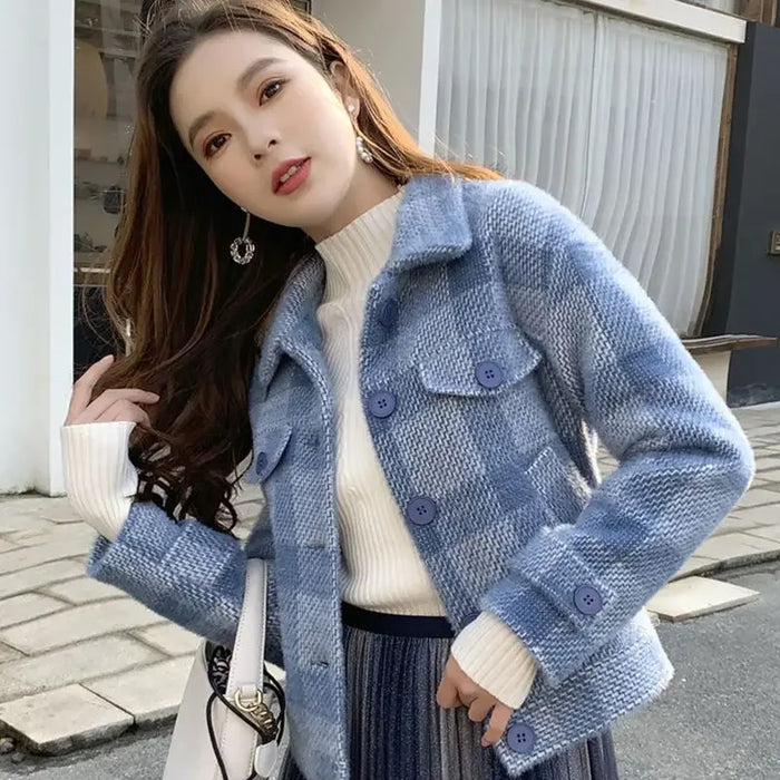 Ladies Jackets Plaid Loose Blue Outerwears Autumn Hot High Quality Women's Wool & Blends Coat Winter Clothes 2025 New In Novelty
