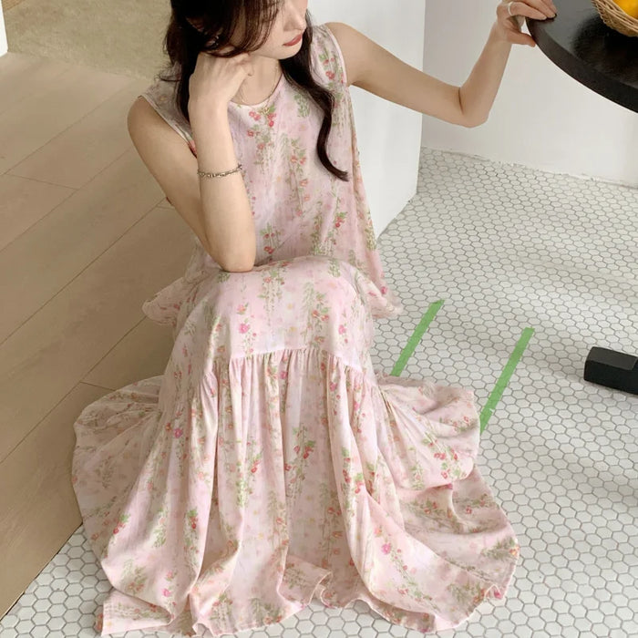 Ladies Summer Spwear Cotton Silk Thin Svel Casual Long Dr round Ne Single Button Print Home Comfortable Faion...