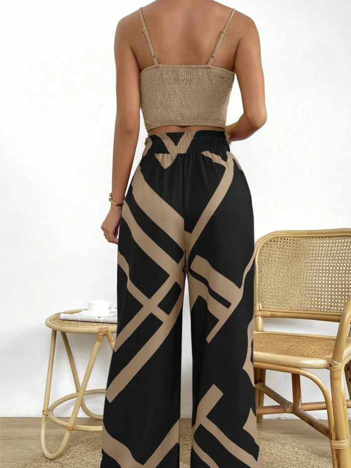 Ladies' Elegant Two-Piece Set: Solid Color Camisole and Printed Sash Wide-Leg Pants Set