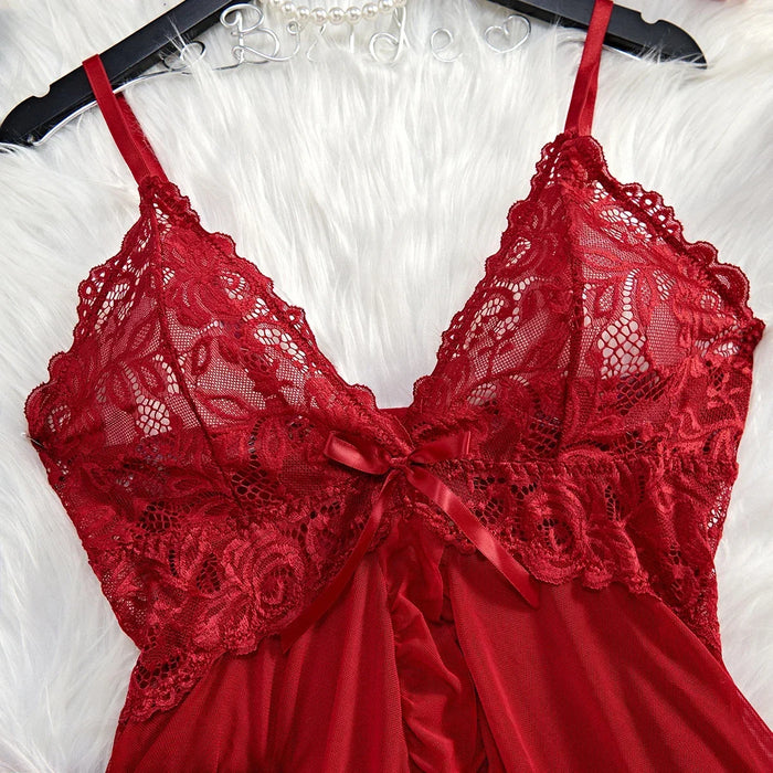 Women Sleepwear Sexy Lingerie Lace Nightdress Mini Dress with Panties Underwear Two-piece Red Backless Pajamas Nightgown Gift