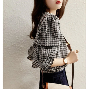Blouse Woman New Collection 2025 Top Luxury Chiffon Women's Plaid Blouse Half Sleeve Pretty and Cheap Women's Blouses Vintage