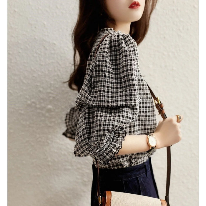 Blouse Woman New Collection 2025 Top Luxury Chiffon Women's Plaid Blouse Half Sleeve Pretty and Cheap Women's Blouses Vintage