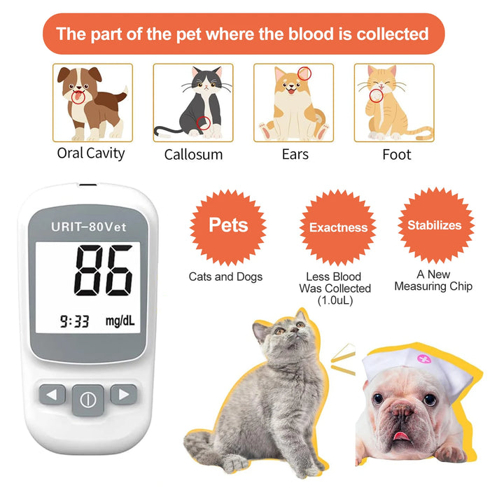 Pet Blood Glucose Monitoring Kit for Diabetic Cats, Dogs, All-in-One Solution for in-Clinic Or at Home, with Digital Results