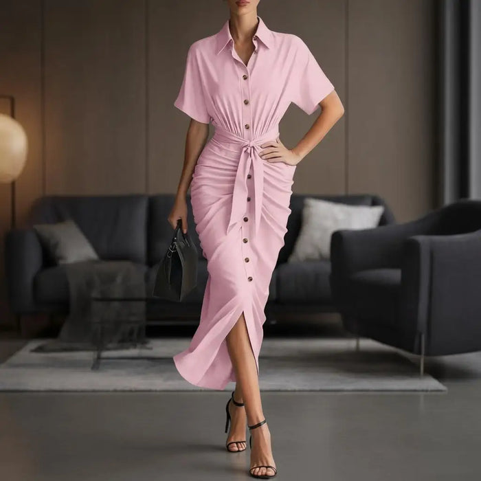 Lady Elegant A Line Dress Daily Business Style Ruffled Dress Single Breasted Short Sleeve Solid Color Cozy Lapel Women Dress