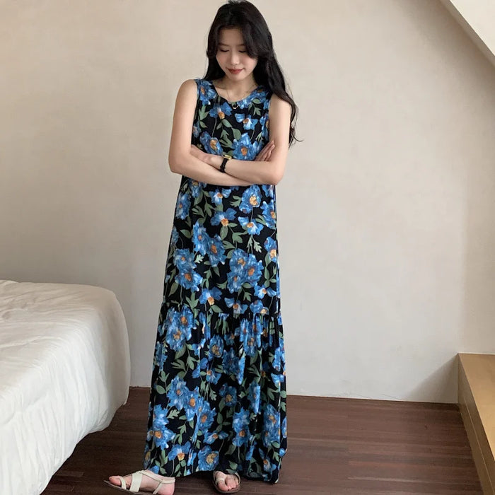 Ladies Summer Spwear Cotton Silk Thin Svel Casual Long Dr round Ne Single Button Print Home Comfortable Faion...