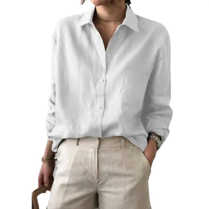 Women Blouses Turn Down Collar Vintage Button Shirts Cardigan Solid Long Sleeve Shirt Outerwear Office Lady Elegant Regular