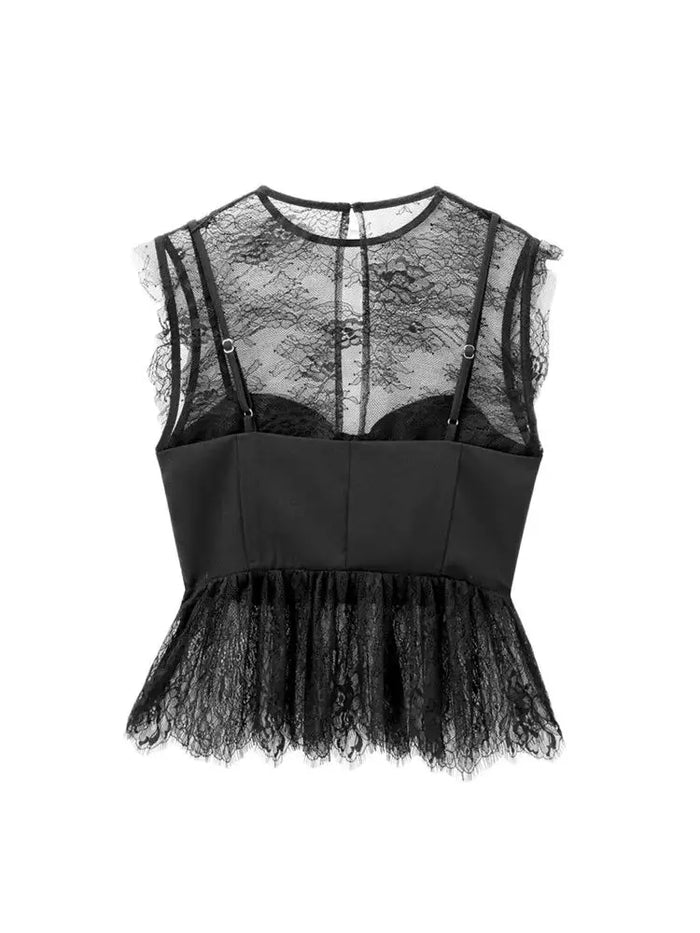 Women's Blouses with Lace, O Neck, Sleeveless, Side Zipper, Female Shirts, Sexy Fashion, Chic Tops