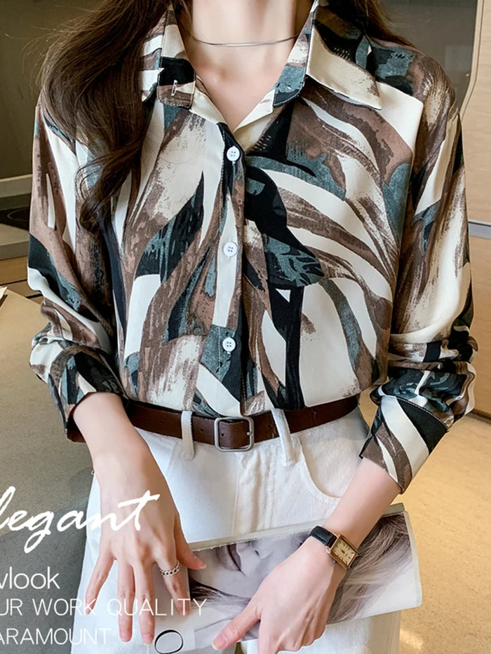 Women Blouse Autumn 2025 Top Vintage Button Up Shirts Female Blouses chic Long Sleeve Chiffon Printing Office Lady tops