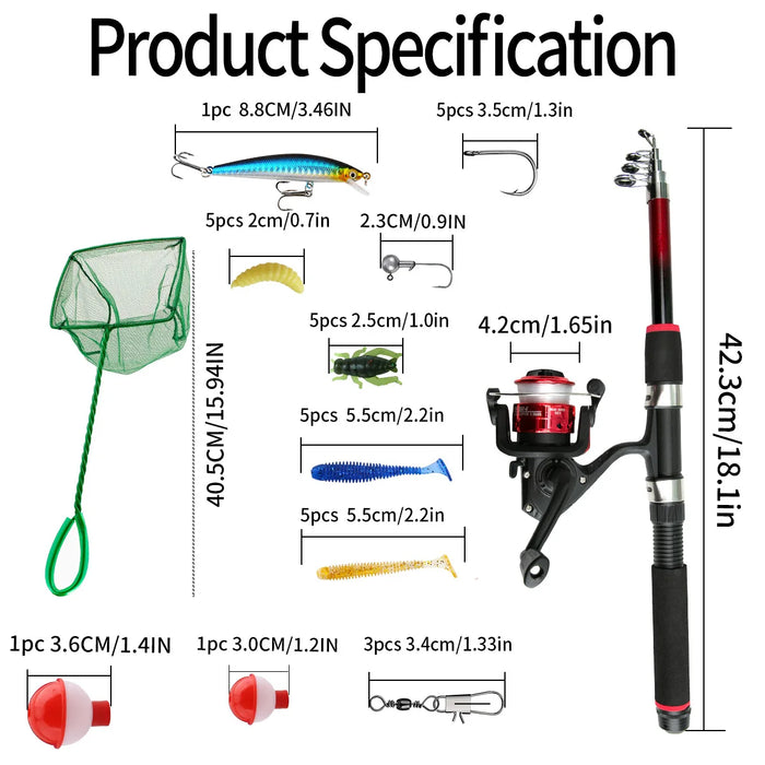 Kids Fishing Rod Reel Combo 1 8m with Soft Bait Landing Net Complete Fishing Gear