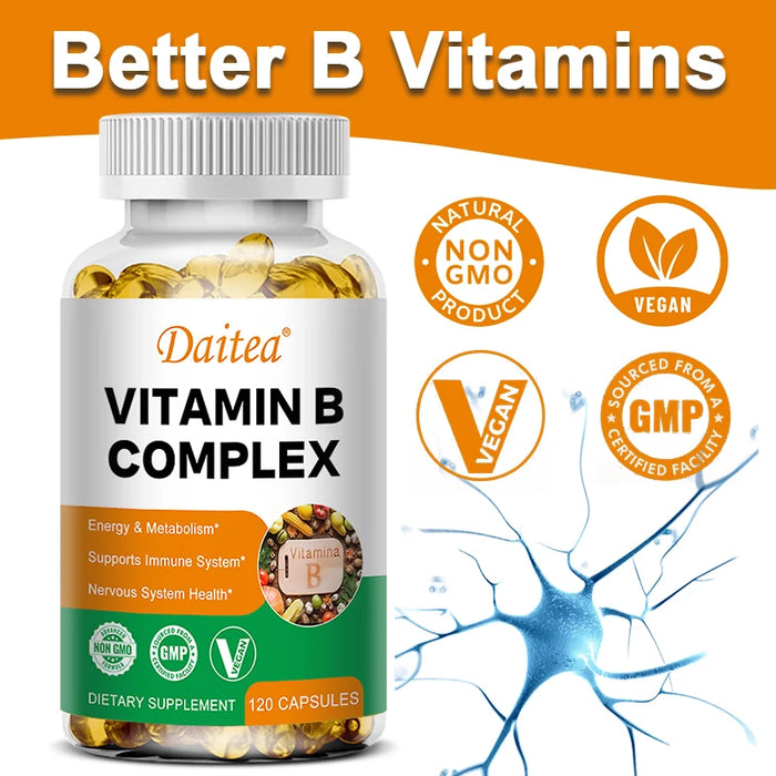 Daitea Compound VitaminB Capsules VB B1 B2 B3 B5 B6 B7 B9 B12 Better Mood Assists Nervous System &Energy Support Supplement
