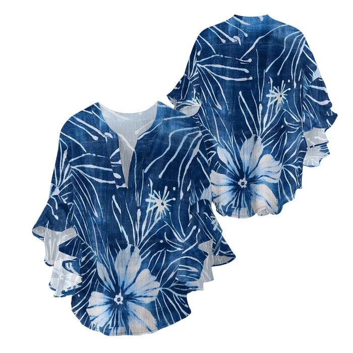 Women's Bohemian Style Blouse Light Blue White Gradient Color Print V-Neck Ruffled Bell Sleeve Chiffon Shirt for Summer Fashion