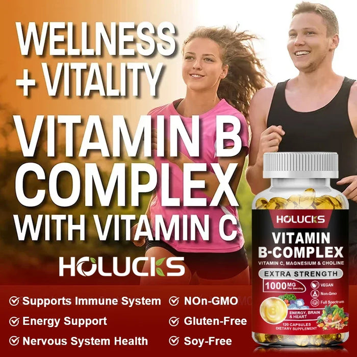 Vitamin B Complex Capsules (B12, B1, B2, B3, B5, B6, B7, B9, Folic Acid & Biotin) Reduce Stress & Supports Better Moods