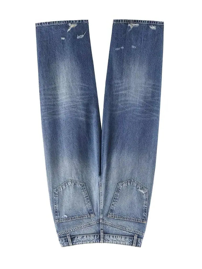 HH Women's 2025 New Fashion Retro Versatile Mid-Waist Turn-Down Jeans Female High Street Casual Ripped Decorative Wide Leg Pants