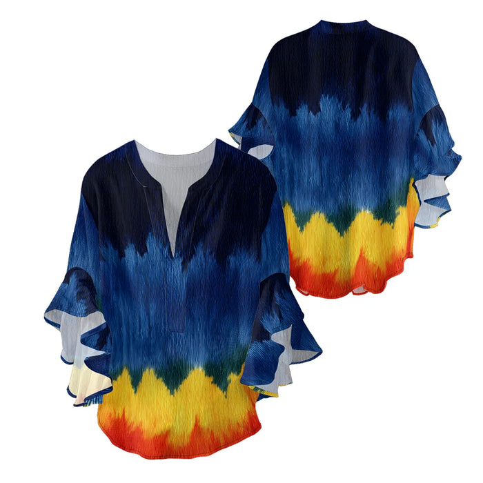 Women's Bohemian Style Blouse Light Blue White Gradient Color Print V-Neck Ruffled Bell Sleeve Chiffon Shirt for Summer Fashion