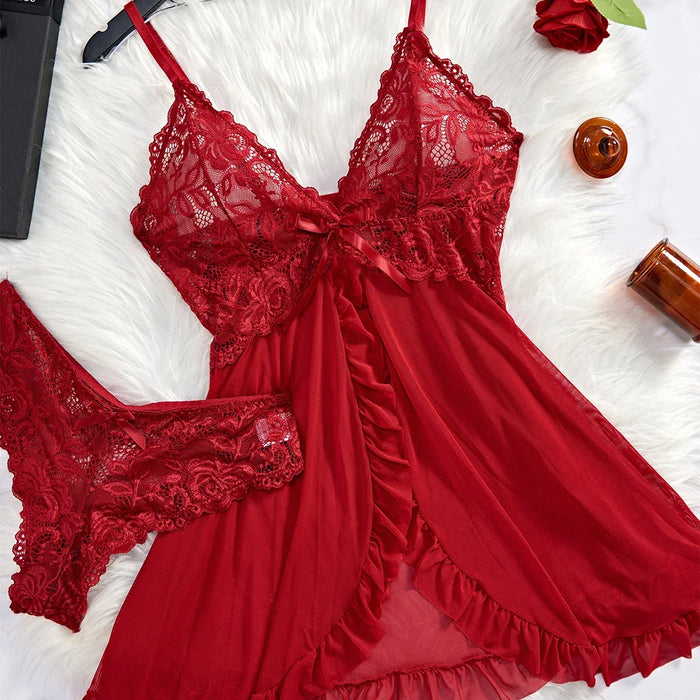 Women Sleepwear Sexy Lingerie Lace Nightdress Mini Dress with Panties Underwear Two-piece Red Backless Pajamas Nightgown Gift
