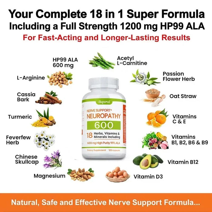 Neuropathy Support Supplement 600mg - Reduces Stress, Promotes Nerve Health and Brain Function, Cellular Energy, Non-GMO
