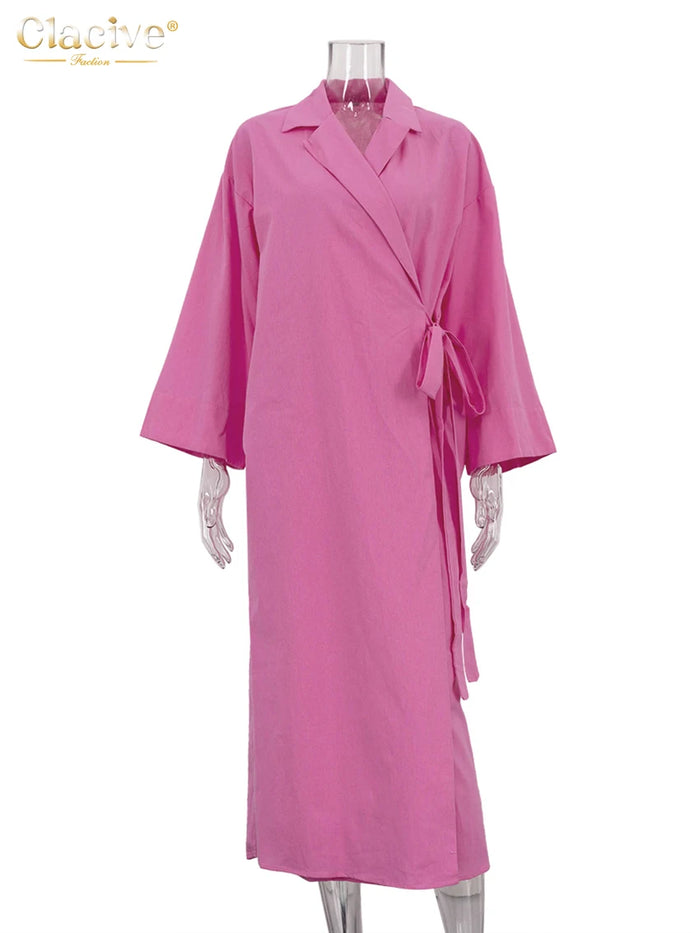 Clacive Casual Loose Pink Cotton Dress Ladies Fashion Lapel Long Sleeve Ankle Length Dress Elegant Lace-Up Dresses For Women