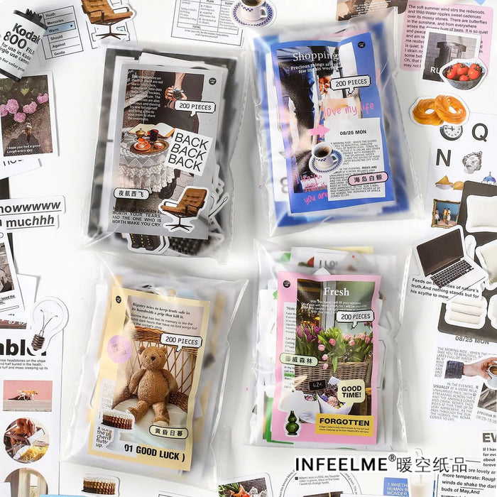 200 pcs/Set Stickers+material paper handmade Adhesive Diy Hand Account Decorative Journal notebook Junk Journal Supplies