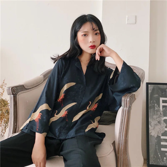 Women's Blouses Clothes Japan Kawaii Ladies Retro Summer Style Vintage Crane Blouse Female Punk Harajuku Cute Tunic For Women
