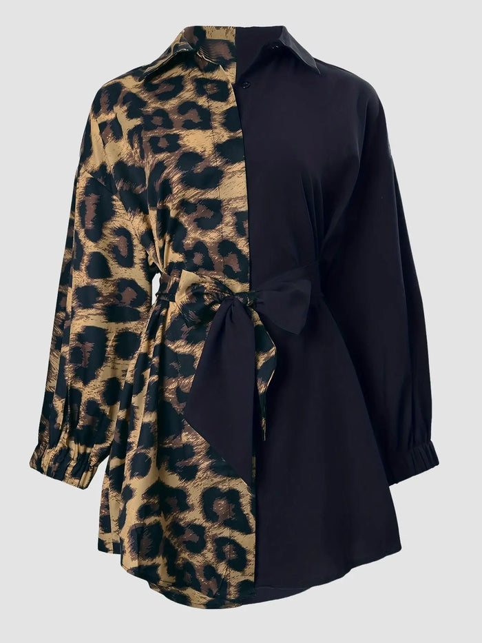 Ladies' Elegant Fashion Leopard Print Collar Shirt Dress Casual Long Sleeve Button Front Dress Women's Stylish Outfit