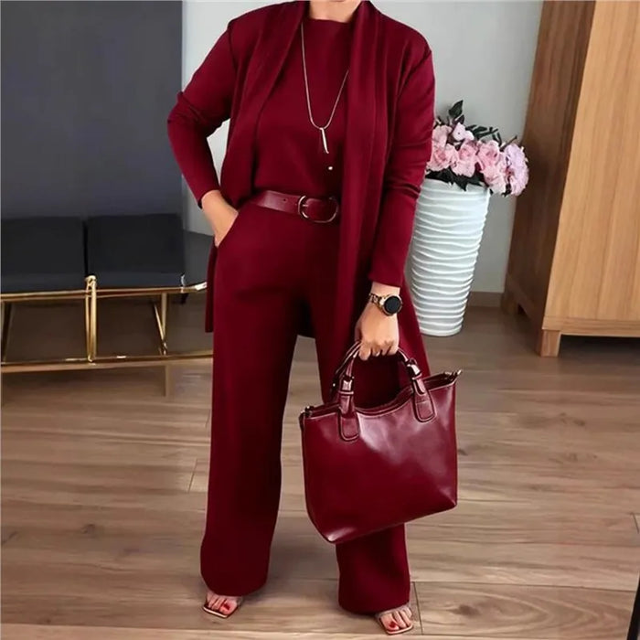 Elegant Ladies Clothing 3 Pieces Set Autumn White Long Cardigan Coat And Wide Leg Pants Sets T-shirt  Three-piece Outfit Women