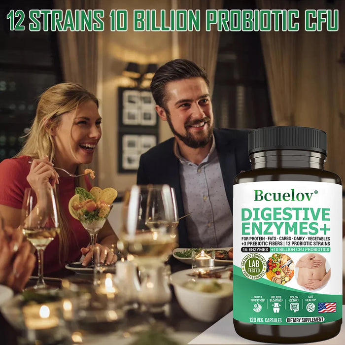 Digestive Enzyme Supplement - 3 Prebiotics, 12 Probiotics, 10 Billion CFU - Digestion, Nutrient Absorption, Colon Detoxification