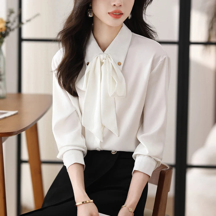 White Shirts for Women free shiping Long Sleeve Turn-Down Collar Bow Tie Buttons Blouse Female 2025 New