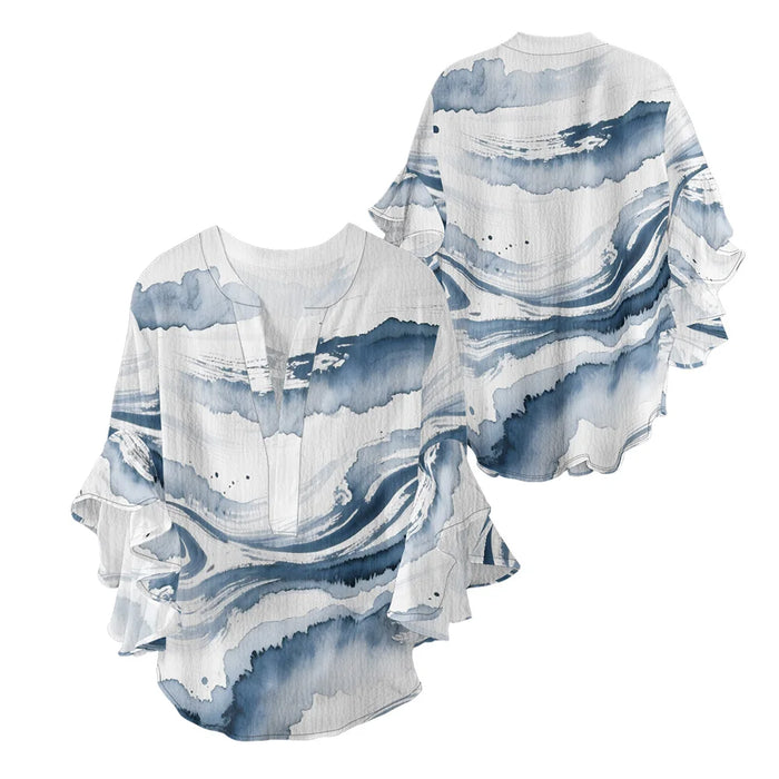 Women's Bohemian Style Blouse Light Blue White Gradient Color Print V-Neck Ruffled Bell Sleeve Chiffon Shirt for Summer Fashion
