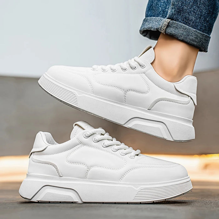 Men's Simple Preppy Style Black Leather Spliced Front Strap Skateboard Shoes, Outdoor Casual, Comfortable and Versatile Sports S