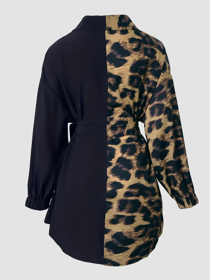 Ladies' Elegant Fashion Leopard Print Collar Shirt Dress Casual Long Sleeve Button Front Dress Women's Stylish Outfit