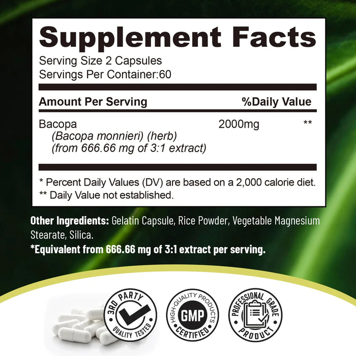 Bacopa Monnieri Extract - Boosts Brain Health, Helps Clear Thinking and Improves Memory,  Enhances Energy and Stamina