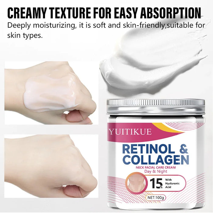 Collagen Neck Cream: Contains 15% hyaluronic acid, moisturizes day and night, firms the skin, enhances elasticity, 100g