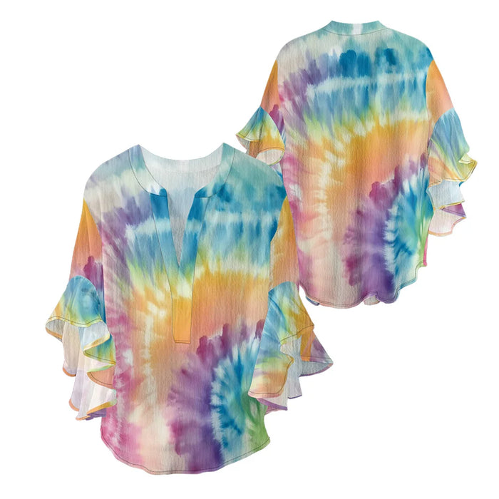 Women's Bohemian Style Blouse Light Blue White Gradient Color Print V-Neck Ruffled Bell Sleeve Chiffon Shirt for Summer Fashion