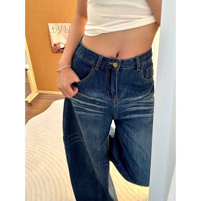 Women High Waisted Wide Leg Jeans Korean Retro Y2K Blue Casual Loose Floor Bending Knife Pants High Street Fashion New Trousers