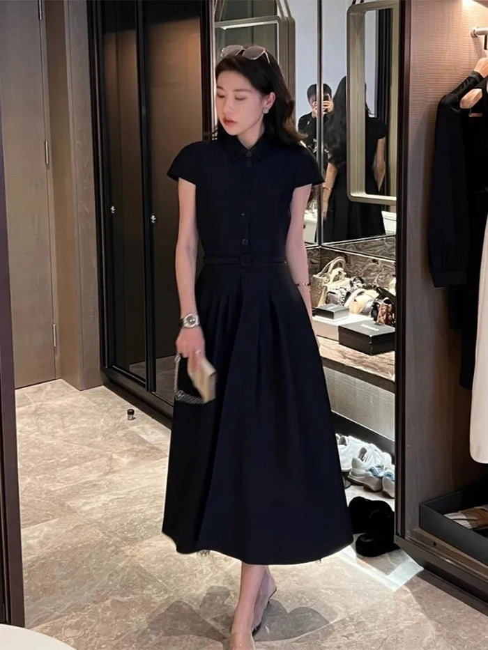 Ladies fashion French dress, Hepburn commuter dress, solid color short-sleeved umbrella dress, black short-sleeved shirtdress