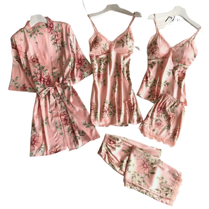 Ladies' sexy pajamas fashionable bathrobes home clothes five piece set suspender nightgown comfortable lace sleepwear underwear