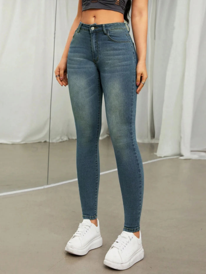 High Waisted Skinny Jeans Woman Clothes Vintage Wash Slim Fit Ideal for Casual Outings Street Fashion Trendy Looks