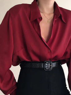 Women Button Blouses Turn Down Collar Shirts Office Lady Long Sleeve Casual Blouse Loose OL Shirt Baggy Tops Red/Wine Red /Black